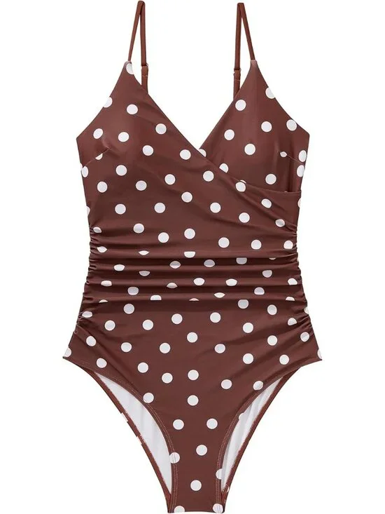 Large Brown Polka Dot Wrap Tummy Control Push Up Cutout Swimsuit NWOT - Picture 2 of 3